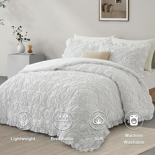 BEDAZZLED Queen Size Comforter Sets, White Bedding Comforter Set, 3 Pieces Pinch Pleat Bedding Sets with Comforter and Pillowcases Soft Farmhouse Shabby Chic Comforter for All Season thumbnail 2