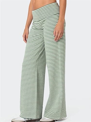 Sunloudy Women's Striped Fold Over Pants Elastic Waist Straight Leg Yoga Sweatpants Stretchy Foldover Lounge Leggings thumbnail 3