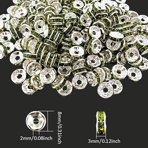 MIIIM 300pcs Olive Rondelle Spacer Beads, 8mm Diamond Rhinestone Focal Beads for Jewelry Making, Pens, Silver Spacer Charms for Bracelets thumbnail 3