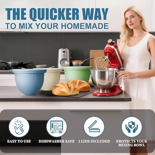 GuanQiao Silicone Bowl Liners for 5 Qt KitchenAid Mixers, 3 Liners with Lids, Blue/Beige/Green thumbnail 4