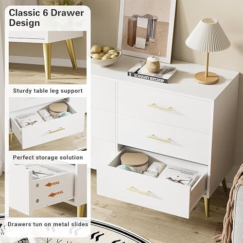 ORGANSANDS White Dresser for Bedroom, 6 Drawer Chest with Wide Drawers and Gold Metal Handles thumbnail 4