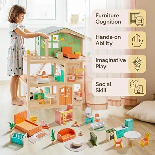 Giant bean 26 Pcs Large Wooden Dollhouse Furniture 5 Set for Kitchen, Living Room, Bedroom, Bathroom, Babyroom, Candy Dollhouse Accessories & Furniture Toy for Girls Boys Kids 3+ - Candy Dollhouse Furniture Set thumbnail 4
