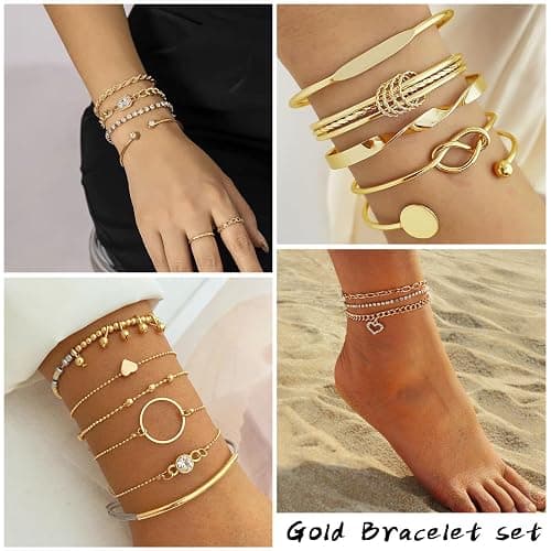 IFKM 6 PACK (24 PCS) Boho Gold Chain Bracelets Set for Women, 14K Gold Plated Multiple Layered Stackable Open Cuff Wrap Bangle Adjustable Link Italian Cuban Jewelry for Women Gift thumbnail 3