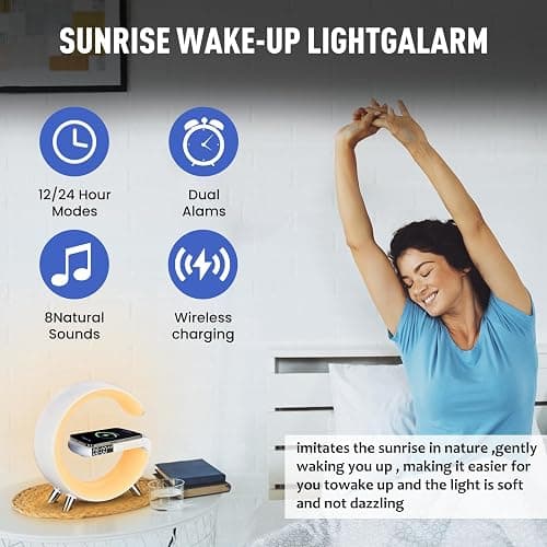 LeeNabao Smart LED Table Lamp, 4-in-1 Wireless Charger, Night Light, Alarm Clock, and Bluetooth Speaker with App Control for Bedroom, Office, and Home Decor (White) thumbnail 4