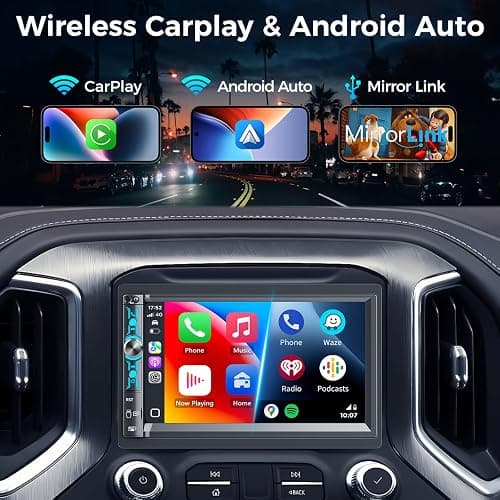 Kissound 7" Double Din Car Stereo with Wireless Apple CarPlay & Android Auto, Bluetooth, 240W Output, SWC, Dual Subwoofer Support, Mirror Link, FM/AM Radio Receiver, USB-C/AUX/TF Ports,Backup Camera thumbnail 2