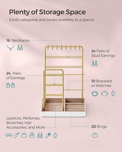 SONGMICS Jewellery Stand, Jewellery Organiser, Jewellery Display Stand with Metal Frame and Velvet Tray, Earring Bracelet Holder, Necklace Stand, for Studs, Rings, Gift Idea, Gold Colour JJS021A01 thumbnail 6
