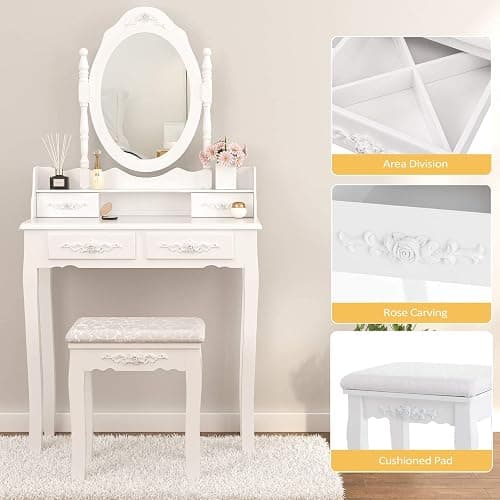 Alohappy Makeup Vanity Set with Mirror & Stool for Girls, Vanity Table and Cushioned Stool Set with 4 Drawers, Wood Dressing Table for Bedroom thumbnail 6