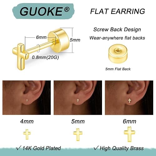 GUOKE 3 Pair Tiny Flat Back Earrings for Women - 14K Gold/White Gold Plated Cute Small Screw Flatback Stud Earring, Everyday Wear thumbnail 3