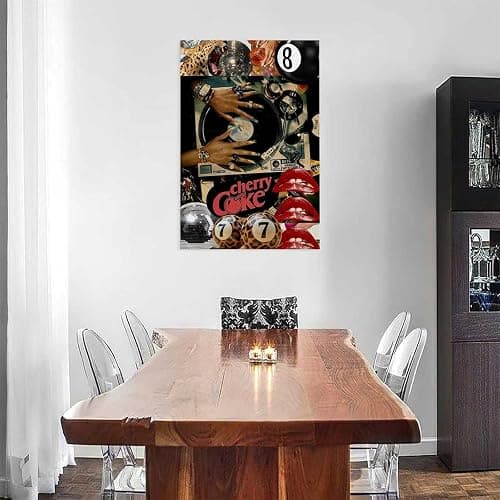 Retro Pop Culture Collage Canvas Wall Art Leopard Print Disco Ball Cherry Coke Posters with Vinyl Record And Glam Nails Trendy Bedroom Music Room Bar Lounge Canvas Poster Wall Art Decoration for Home, thumbnail 3