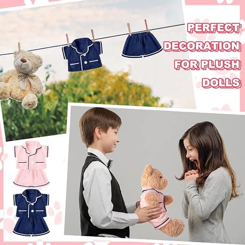 Hungdao 2 Sets Bear Clothes Stuffed Animal Accessories Pink and Blue Bear Pajamas Clothes Double Layer Muslin Short Sleeve Top and Bottom Pajamas Fits Most 14-18 Inch thumbnail 7