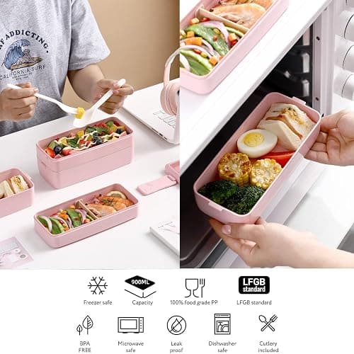 Rarapop 2 Pack Stackable Bento Box Japanese Lunch Box Kit with Spoon & Fork, 3-In-1 Compartment Wheat Straw Meal Prep Containers for Kids & Adults (Pink/Beige) thumbnail 8