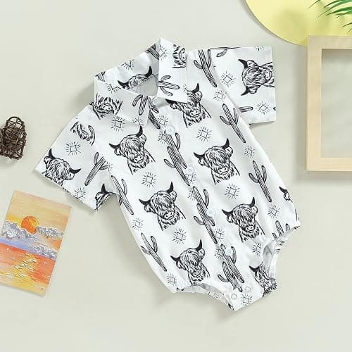 Karuedoo Western Baby Boy Clothes Cow Print Shirt Romper Infant Short Sleeve Button Down Bodysuit One Piece Gentleman Outfit thumbnail 3