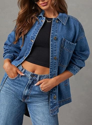 Sidefeel Women's Jean Jacket Oversized Boyfriend Button Up Long Sleeve Split Zimbaplatinum Denim Jackets thumbnail 3