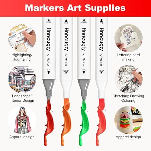 Hnncugty Alcohol Markers Set 100 Colors, Dual Tips Coloring Art Markers Set with Case & Holders, Chisel & Fine Artist Sketch Pens Art Supplies for Adult Coloring Books, Drawing, Painting, Sketching thumbnail 5