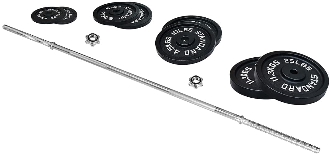 Fitvids Cast Iron Standard Weight Plates Including 5FT Standard Barbell with Star Locks, 95-Pound Set (85 Pounds Plates + 10 Pounds Barbell), Multiple Styles thumbnail 6