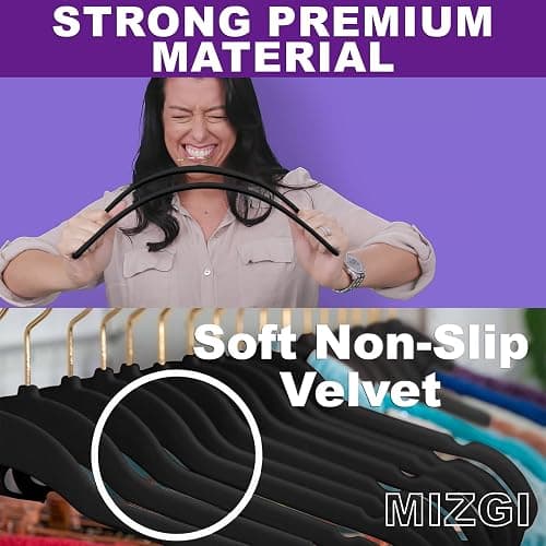 MIZGI Premium Velvet Hangers Pack 60 Pcs Heavyduty - Non Slip Slimline - Velvet Suit Hangers Black - Gold Hooks,Space Saving Clothes Hangers thumbnail 3