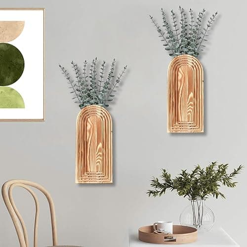 Dnnnii 2 Pack Wooden Wall Vase Set - Brown Finish Modern Farmhouse & Boho Wall Decor for Entryway, Hallway, Bathroom, Living Room, Dining Room, Narrow Spaces thumbnail 7