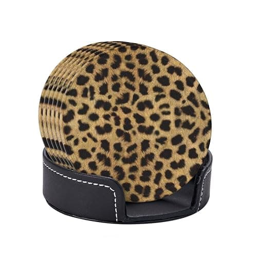 Leopard Animal Print Printed Coasters Set of 6, Pu Leather Round Coasters with Holder, Drinking Coasters Coffee Cup Mat for Bar Kitchen Home thumbnail 5