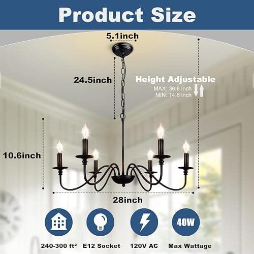 Depuley Farmhouse Chandelier for Dining Room: 6-Light Black Industrial Kitchen Island Pendant Light Fixture - Rustic Candle Chandeliers Vintage Modern Hanging Ceiling Lamp for Bedroom Foyer thumbnail 2