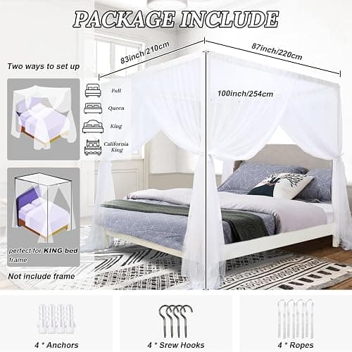 South To East White Canopy Bed Curtains, 4 Corner Post Queen King Bed Canopy for Girls & Adults, Top Luxurious Bed Drapes for Bedroom Decoration, 4 Openings, 100% Ripstop Polyester, Easy Install thumbnail 6