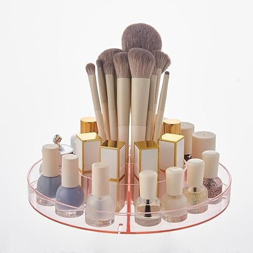 SUNFICON Rotating Makeup Holder Organizer Crystal Pink 360 Rotation Cosmetic Storage Stand Acrylic Makeup Turntable Spin Display Stand Bathroom Vanity Dressing Table Gift Girl Ladt Women thumbnail 3