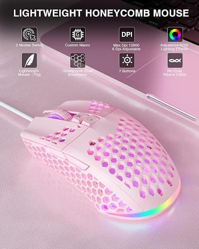 SOLAKAKA SM900 Pink Wired Gaming Mouse with Honeycomb Shell,12800 DPI,7 Programmable Buttons,Lightweight Gaming Mice Ergonomic Computer Mouse Gaming for Windows/PC/Mac/Laptop Gamer thumbnail 2