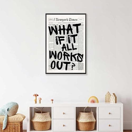 Retro Black And White Newspaper Poster What If It All Works Out Canvas Wall Art Positive Affirming Quote Minimalist Prints Painting For Home Bedroom Dorm Wall Decor 12x16in Framed thumbnail 7