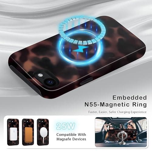Amzfield Magnetic for iPhone 16e Case - Tortoise Shell with Leopard Amber Print, Compatible with MagSafe, Cute Aesthetic Shockproof 2-in-1 Hybrid Phone Case for Women, Brown thumbnail 4