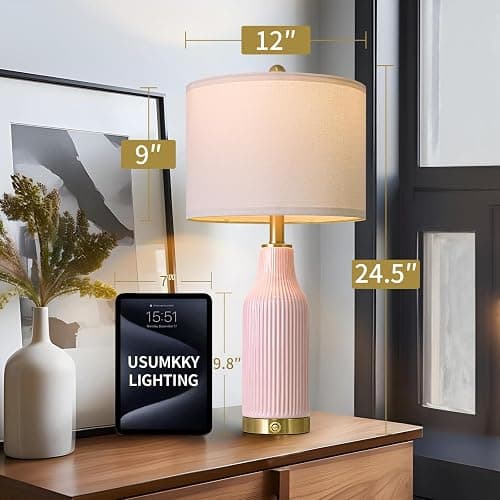 USumkky 24.5" Modern 3-Way Dimmable Touch Control with 5FT Cord & USB A+C Ceramic Lamps Set of 2 Table Lamp for Living Room Bedroom Farmhouse Nightstand Bedside Pink thumbnail 6