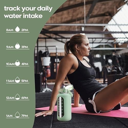 chunmo 74 oz Glass Water Bolttles with Straw Large Motivational Water Bottle with Time Marker Sports Water Bottles with Silicone Sleeve and Handle Lid 2.2L Water Jug for Gym Workout thumbnail 6