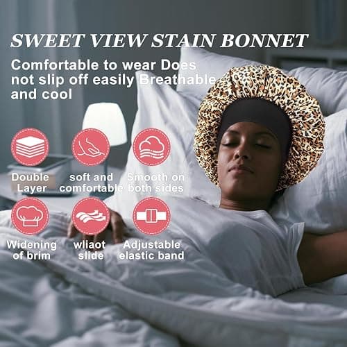 4PCS Silk Hair Bonnet for Sleeping,Hair Wrap Satin Bonnets Shower Cap for Black Women Men, Elastic Wide Band Hair Bonnet Cap for Sleeping Curly Hair(Black & Wine Red & Purple Print & Leopard Pattern) thumbnail 6