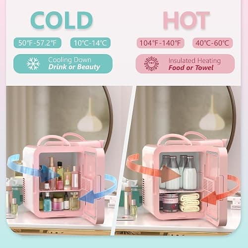 EUHOMY Mini Fridge, 5L AC/DC Small Refrigerator with Dimmable LED Mirror, Portable Cooler and Warmer for Skin Care, Cosmetics, Beverage, 5L Makeup Mini Skincare Fridge for Bedroom, Car, Office, Pink thumbnail 3