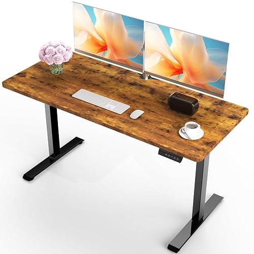 Veken 55 Inch Large Electric Standing Desk, Gaming Table, Brown | Height Adjustable Sit Stand Up Computer Tables for Home Office, Study , Writing, Suit students, employees and group work - Image 1