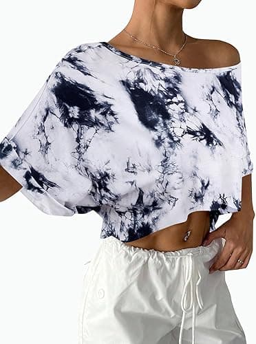 Remidoo Womens Off The Shoulder Short Sleeve Crop Top Asymmetrical Neck Loose Tshirt - Small - Black-f thumbnail 3