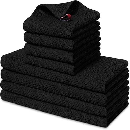 smiry Cotton Kitchen Dish Towels Set– 4 Pack 12x12 Inch & 4 Pack 13x28 Inch Kitchen Towels, 8 Pieces in Total, Ultra Soft Absorbent Quick Drying Dish Cloths Tea Towels, Black - Image 1