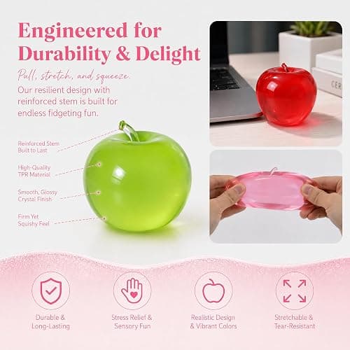 Squishy Pink Clear Apple Stress Relief Ball, Apple Fruit Sensory Figurine | Transparent Apple Squishy, Soft Novelty Fruit Taba Stress Balls, Sensory Figurine for Adult Relaxation, Relieve Work Anxiety thumbnail 3