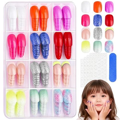 Jsiallye 288Pcs Press On Nails For Girls,12 Colors Kid Fake Nail Kit Short Press on Nails For Kids,Stick On Nails Stuff for Girls 7-12 Years,4Colors Glitter Base And Multicolo French Tip nails - Image 1