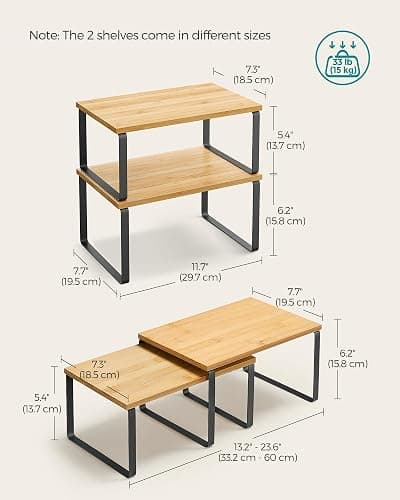 SONGMICS Cabinet Organizer Shelf, Set of 2 Kitchen Counter Shelves, Kitchen Storage, Spice Rack, Stackable, Expandable, Metal and Engineered Wood, Ink Black and Natural Beige UKCS02NB thumbnail 3