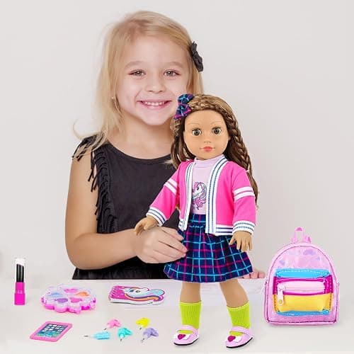 K.T. Fancy 18 Inch Doll British Style Fashion Set 14 PCS Clothes & Accessory Collection with School Bag, Unicorn Stationery,Makeup Tools for 18" Dolls thumbnail 5