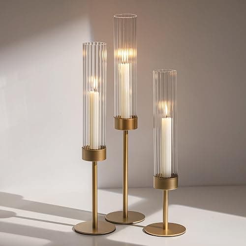 Gold Hurricane Taper Candle Holders: Glasseam 3Pcs Brass Candlestick Holders with Ribbed Glass Cylinder Cover Fluted Tall Candle Sticks Holder Decor for Table Centerpiece Wedding Christmas Decorations - Image 1
