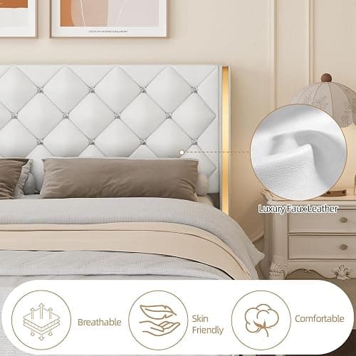 HOMBCK Twin Size Leather Bed Frame with Goldside Wingback Headboard, White | Modern Style, Bed Frame Twin with Velvet Upholstered Headboard, Diamond Tufted Design, No Box Spring Required, Easy Assembly thumbnail 3