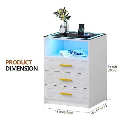 JDPAG High Gloss LED Nightstand with Charging Station & 3 Color Dimmable Light Modern for Bedroom White, Smart Bedside Table with 3 Drawers & USB Type-C Port for Home thumbnail 2