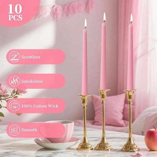 KONNI 0.87×10 Inch Pink Taper Candles, Unscented and Smokeless Tall Candlesticks, 10 Pack Tapered Candles with Cotton Wicks, Long Burning, Ideal for Weddings, Dinner Parties, and Home Décor thumbnail 2