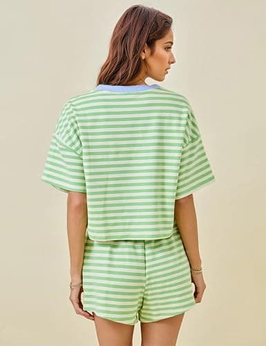 MISSACTIVER Womens Lounge 2 Piece Sets Summer Striped Matching Pajamas Set Short Sleeve Oversized T Shirts Drawstring Shorts thumbnail 4