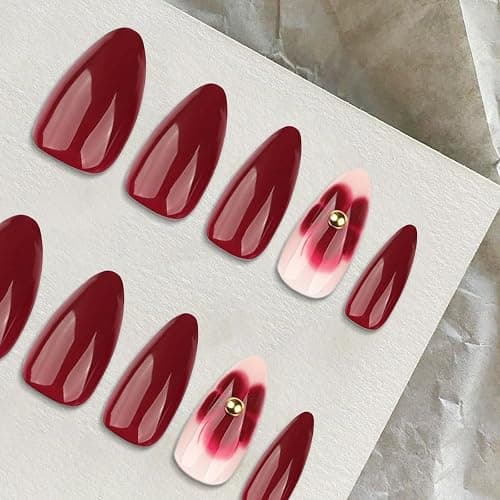 Ruzister 24 Burgunderfarbene Blumen Mit Diamantrüstung,Press On Nails,Kunstnägel Zum Aufkleben,Nagel Tips Set thumbnail 5