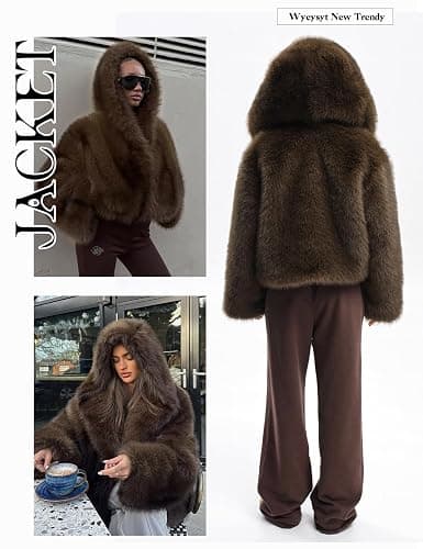 Wyeysyt Women's Faux Fur Coat with Hood Open Front Cropped Fluffy Jacket thumbnail 3