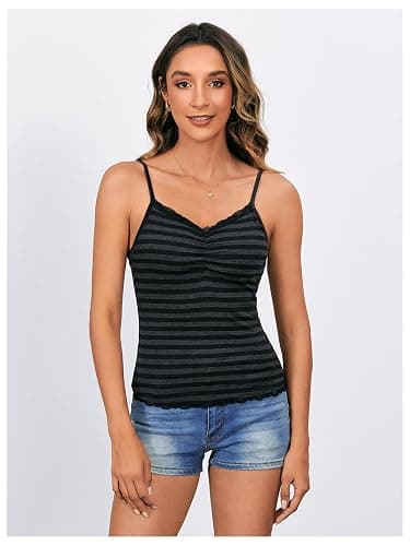 SOLY HUX Women's Striped Lace Trim Camisole Tops Y2k Grunge Alt Tank Top | Sleeveless, V Neck, Slim Fitted, Gothic Style, 2000s thumbnail 6