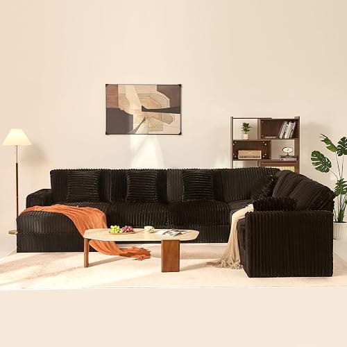 Cloud Couch 139" U-Shaped Couch, Oversized 7-Seater Modular Couch, Queen Sofa with Corduroy Upholstery, Deep Seats, High Backrest & Pocket Spring Cushions for Living Room, Left Facing Chaise, Black thumbnail 3