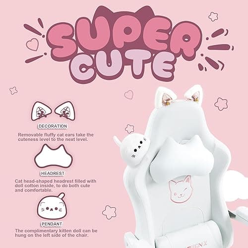 Dowinx Gaming Chair Cute with Cat Ears and Massage Lumbar Support, Ergonomic Computer Chair for Girl with Footrest and Headrest, Comfortable Reclining Game Chair 290lbs for Adult, Teen, White thumbnail 4