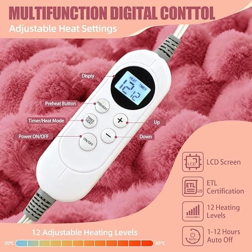 Electric Heated Blanket Throw 50" x 60" Soft Ribbed Faux Fur Flannel Fast Heating 12 Heat Levels 1–12H Timer & Overheat Protection & Auto Shut-Off & ETL FCC & Machine Washable Heated Throw thumbnail 2